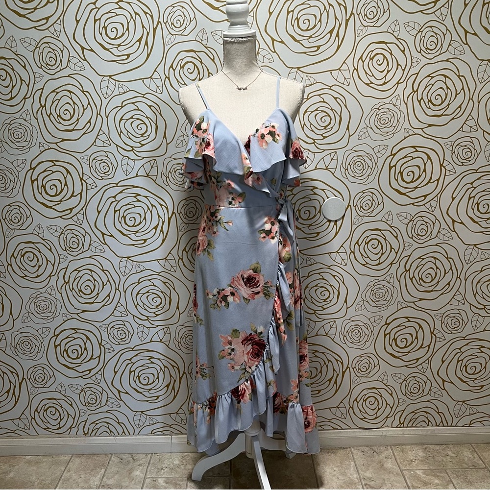 Aqua floral high low cold shoulder dress